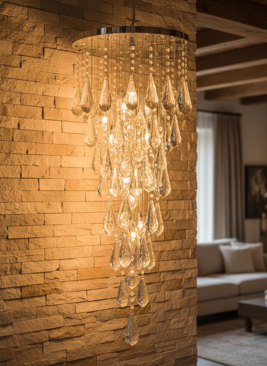 Custom chandelier installation against a stacked-stone wall